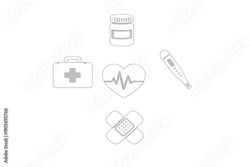 A collection of five white medical icons including a first aid kit, heart with heartbeat line, thermometer, medicine bottle, and bandages arranged on a solid black background.
