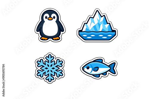 A collection of four winter stickers featuring a cute penguin, a jagged iceberg in blue water, a detailed blue snowflake, and a blue fish, all set against a solid black background.