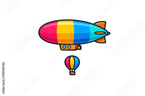 A colorful cartoon illustration of a large striped blimp flying above a small hot air balloon against a solid black background. The airship features vibrant pink, yellow, and blue panels.