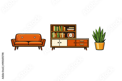 A flat illustration of mid-century modern furniture including an orange sofa, a wooden bookshelf with a radio, and a potted snake plant, all set against a solid black background.