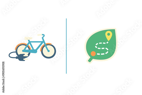 This graphic shows a blue e-bike with a charging cable next to a green leaf icon with a dotted route and location marker, symbolizing eco-friendly travel and green mobility.