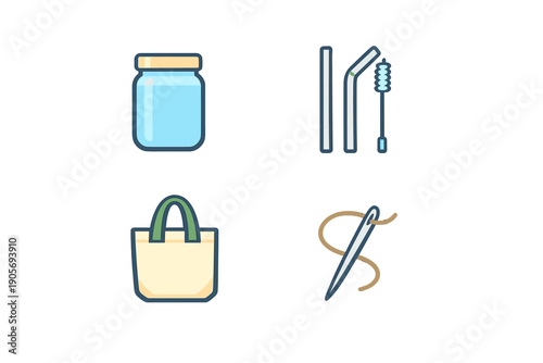 A collection of four flat vector icons representing zero waste and sustainable living, including a glass jar, reusable metal straws with a brush, a fabric tote bag, and a sewing needle.
