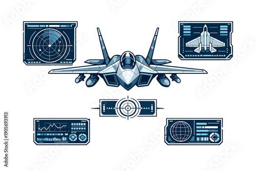 A stylized illustration of a modern fighter jet surrounded by digital head-up display elements including radar, targeting reticle, and data graphs on a dark background.
