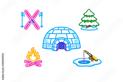 A collection of colorful winter-themed icons including an igloo, skis, a snow-covered pine tree, a campfire, and ice fishing equipment, all drawn in a chalk style on a black background.