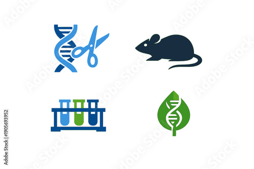 This set of four biotechnology icons features a DNA strand with scissors, a laboratory mouse, test tubes in a rack, and a green leaf containing a genetic helix on a black background.
