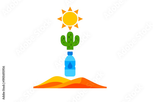 A vertical illustration featuring a sun, a green cactus, and a blue water bottle stacked above orange sand dunes on a black background. This graphic represents desert survival.