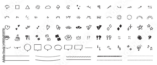 手書きのあしらいイラストセット　矢印・吹き出し・キラキラ・ライン・アイコンの線画素材