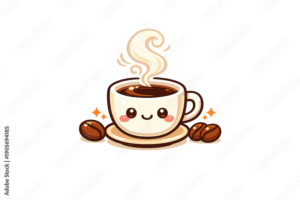 Obraz premium A cute cartoon coffee cup with a smiling face and rosy cheeks sits on a saucer with steam rising above it. Three brown coffee beans and orange sparkles surround the white mug.