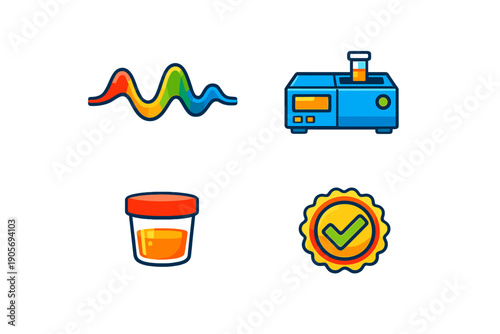 This set of four medical laboratory icons features a colorful wave spectrum, a diagnostic analyzer machine, a specimen container with liquid, and a quality seal with a green checkmark.