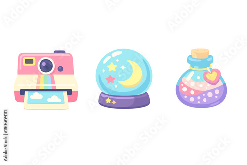 Three cute pastel illustrations featuring a pink instant camera with a rainbow, a crystal ball with a moon and stars, and a magic potion bottle with a heart charm on a black background.
