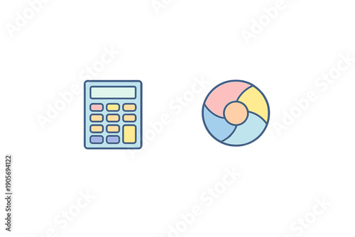 A minimalist flat illustration featuring a light blue calculator with colorful buttons next to a multicolored circular icon, all set against a solid black background.