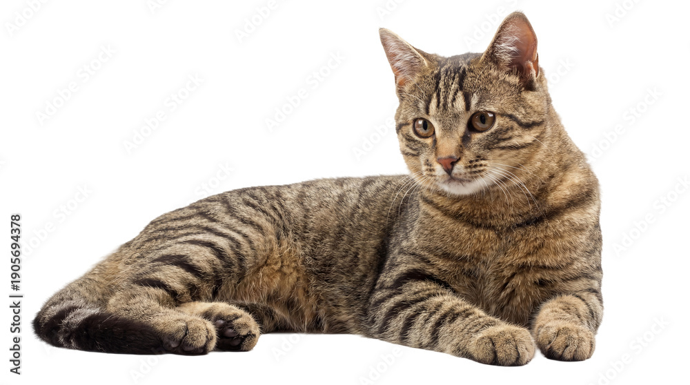 Obraz premium a young, striped tabby kitten with large, curious eyes lies relaxed on a dark, transparent background, showcasing its playful nature and cute appearance.