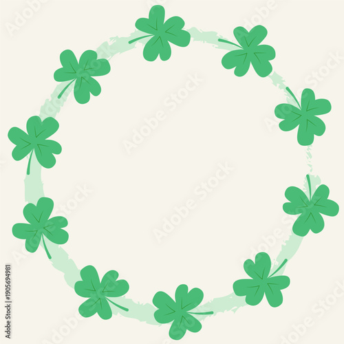 Circular illustration of green clover on a light background, hand-drawn frame, green leaves for a card, invitation for St. Patrick's Day