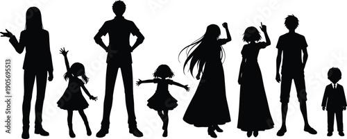 People silhouettes set showing adults and children standing jumping waving isolated black vector illustration lifestyle diversity character collection design icons