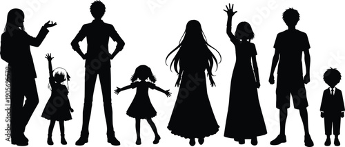 People silhouettes set showing adults and children standing jumping waving isolated black vector illustration lifestyle diversity character design collection icons