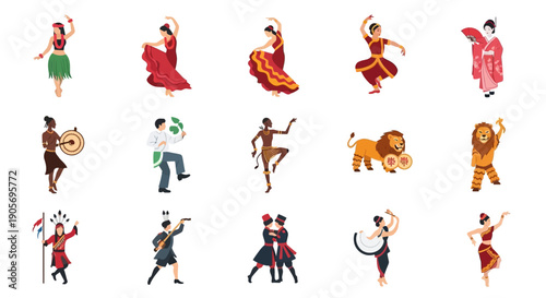 Diverse Dancers in Various Traditional Costumes.