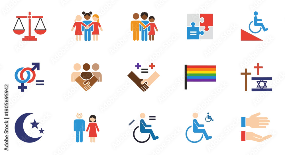 Fototapeta premium Diversity Equality Inclusivity Symbols Icons Set.