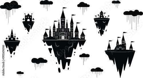 Fantasy floating islands with castles, surreal black silhouette design, imaginative magical landscape illustration, whimsical concept art, airborne kingdom environment