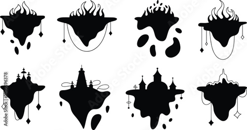 Fantasy floating islands with surreal designs, architectural silhouettes, magical elements, imaginative black and white illustration, concept art environment