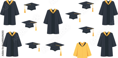 Graduation Ceremony Vector Illustration Set with Academic Gowns and Mortarboard Caps for University Education, School Achievement, Commencement Events, and Learning Concepts