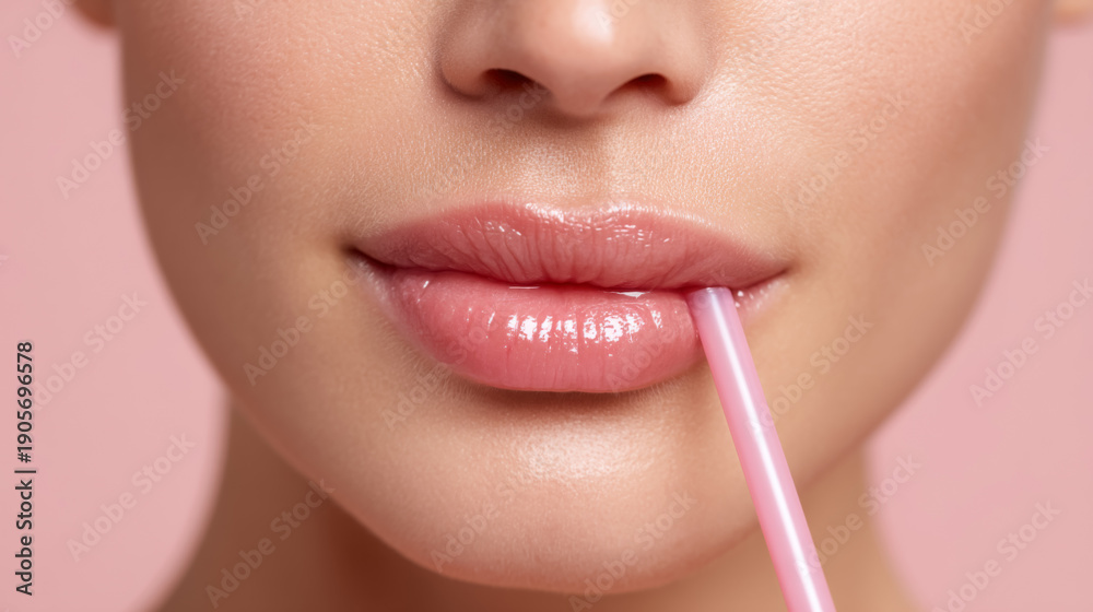Naklejka premium Close-up of glossy lips with straw on pink background for beauty concepts