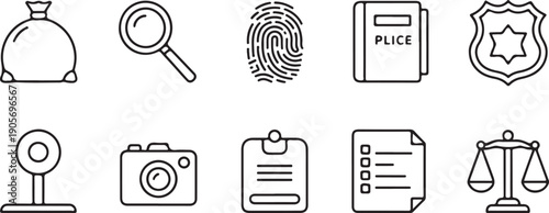 Crime Investigation and Law Evidence Symbols Monochrome