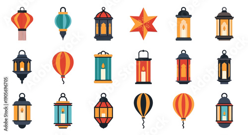 Colorful Lanterns and Star Illustration Set.