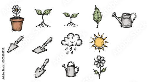 Gardening Icons: Hand-Drawn Elements for Spring Planting and Cultivation Artwork