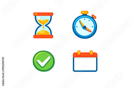 A collection of four colorful icons including an hourglass, a stopwatch, a green checkmark, and a calendar, all presented on a solid black background in a flat vector illustration style.