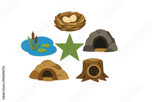 A collection of various animal habitats including a bird nest with eggs, a cave, a pond with lily pads, a burrow, and a hollow tree stump, all arranged around a central green star.