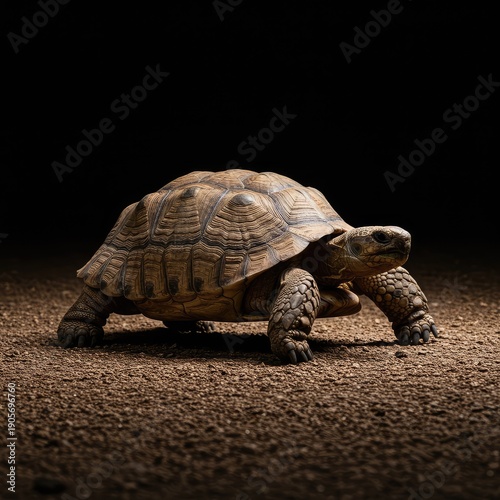 A large ancient reptile, a slow moving tortoise, navigates rough terrain deliberately, symbolizing patience, longevity, and steady progress ,creature ,travel ,progress