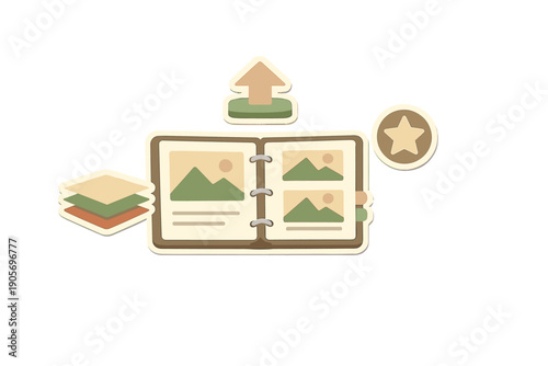 A stylized illustration of an open photo album featuring landscape pictures, accompanied by an upload arrow icon, a stack of photos, and a star symbol in a warm color palette.