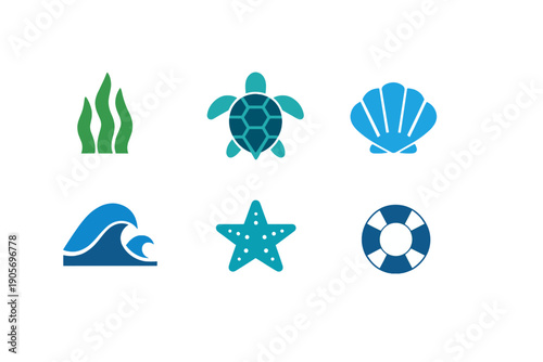 A collection of six ocean-themed vector icons including a green seaweed, a teal sea turtle, a blue scallop shell, a crashing wave, a starfish, and a blue lifebuoy on a black background.