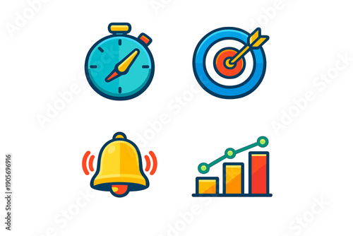 A set of four colorful business icons including a stopwatch, a target with an arrow, a ringing bell, and a bar chart with a growth line, all isolated on a black background.