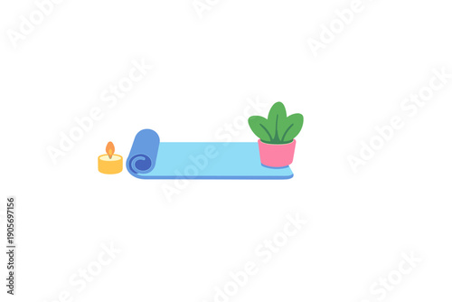 This flat illustration features a blue yoga mat partially unrolled. A lit yellow candle sits to the left, while a green plant in a pink pot is placed on the right side of the mat.