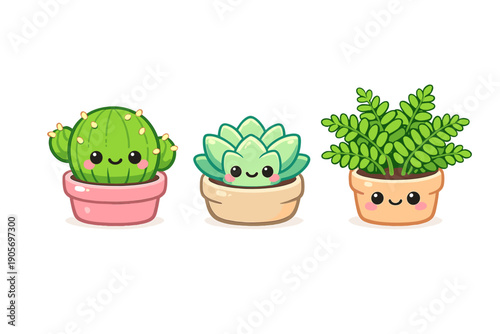 Three adorable kawaii-style potted plants featuring a cactus, succulent, and leafy green plant with smiling faces and pink cheeks are displayed against a solid black background.