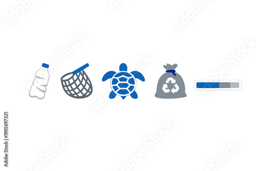 This graphic features icons of a plastic bottle, fishing net, sea turtle, and recycling bag next to a progress bar, illustrating the process of ocean cleanup and sustainability efforts.