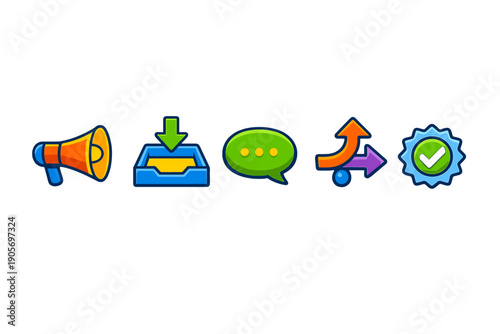 A set of five colorful cartoon icons including a megaphone, an inbox with a down arrow, a speech bubble, directional arrows, and a verified checkmark badge on a black background.