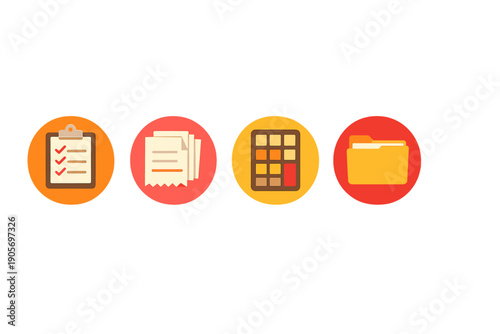 Four colorful circular icons representing business and office management tools including a checklist, documents, a calculator, and a file folder on a black background.