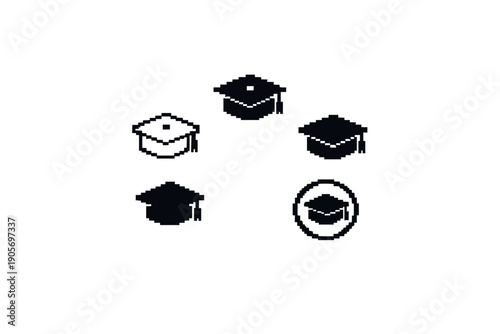 This image features five different mortarboard icons representing academic achievement. The set includes solid and line art styles of graduation hats on a white background.