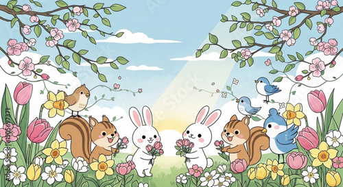 Childlike illustration of a happy family enjoying a picnic in a park on a sunny day