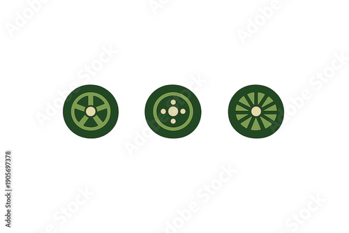 Three circular green icons with geometric patterns are displayed horizontally against a solid black background. The designs feature spoked wheels and circular arrangements.
