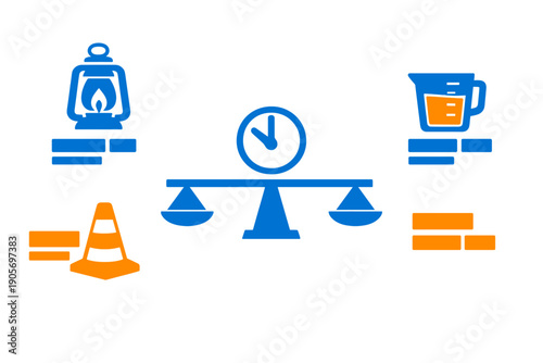 A blue and orange infographic featuring a central balance scale with a clock, surrounded by icons of a lantern, measuring cup, traffic cone, and bricks on a black background.