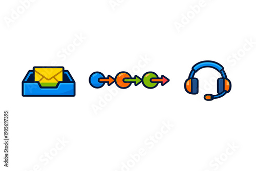 An illustration showing a workflow from an email inbox through a sequence of steps to a customer support headset, representing a communication process on a black background.