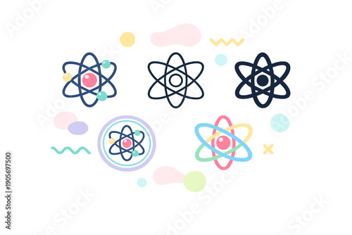 A collection of colorful stylized atom models and abstract geometric shapes like circles and wavy lines are arranged on a solid black background in a flat vector illustration style.