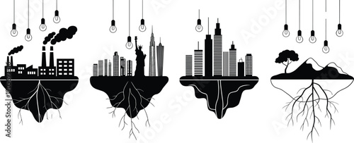 Floating land masses with industrial cityscape, skyscrapers, natural mountains, surreal silhouette design, environmental concept art, imaginative sustainable development illustration