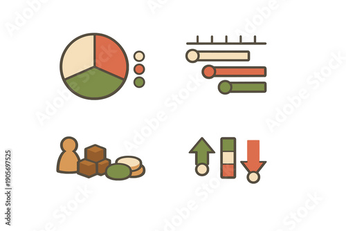 A collection of four business and data visualization icons featuring a pie chart, horizontal bar graph, human silhouette with cubes, and directional arrows in a retro color palette.