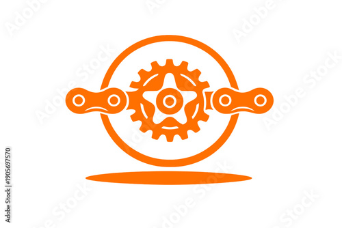 An orange graphic illustration of a bicycle gear and chain links enclosed within a circle, set against a black textured background with a distressed vintage effect.