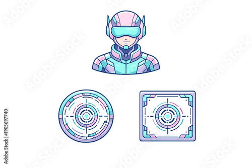 A futuristic character wearing a helmet and visor is shown alongside circular and square digital interface elements in a pastel color palette on a dark background.