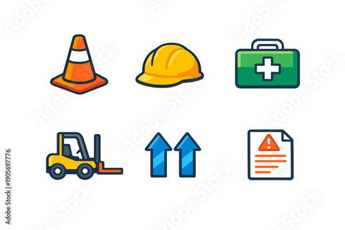 A collection of six colorful icons related to construction and logistics, including a traffic cone, hard hat, first aid kit, forklift, directional arrows, and a warning document.
